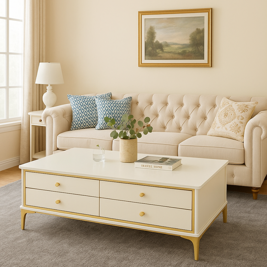 Aurora Cream & Gold Coffee Table with 8 Drawers