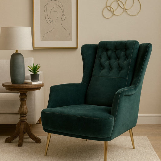 Modern Tufted Occasional Chair – Forest Green Fabric with Gold Legs