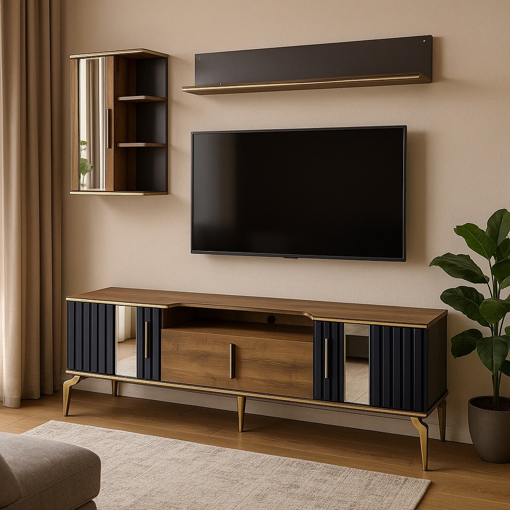 Milas Modern TV Stand Set – Includes Wall Shelf & Cabinet
