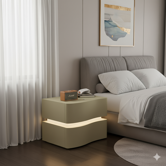 Modern Minimalist Khaki Storage Nightstand with LED Base Solid Wood Free Standing Pedestal