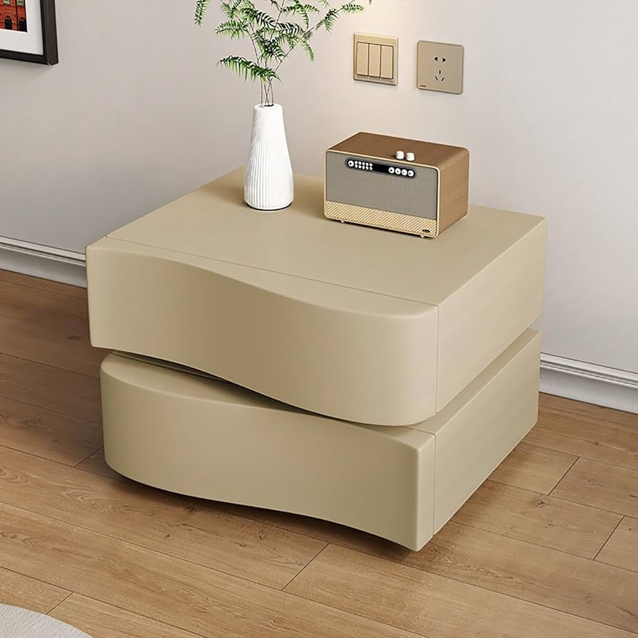 Modern Minimalist Khaki Storage Nightstand with LED Base Solid Wood Free Standing Pedestal