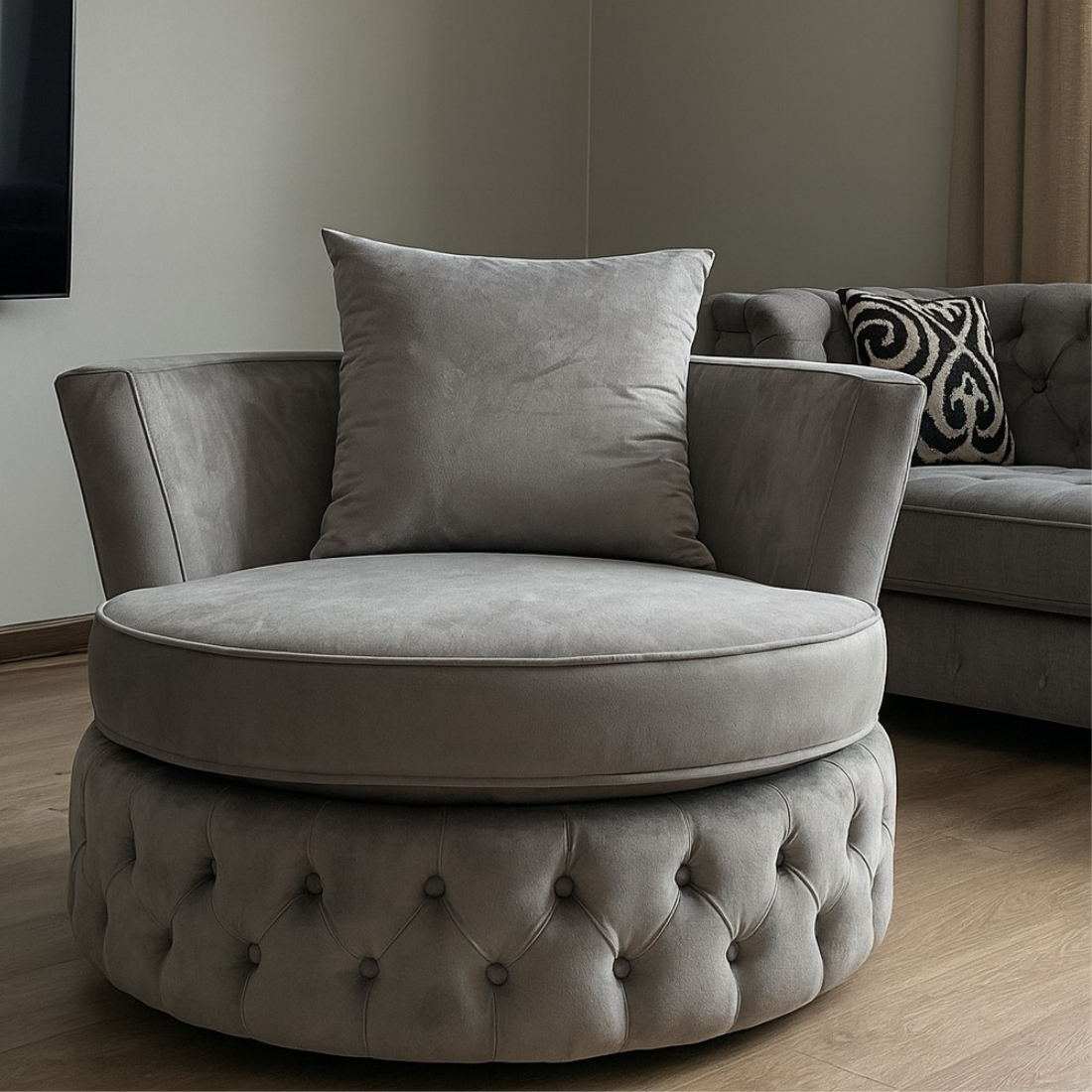 Tufted Ottoman Chair – Velvet Light Grey Solid Wood Living Room Chair