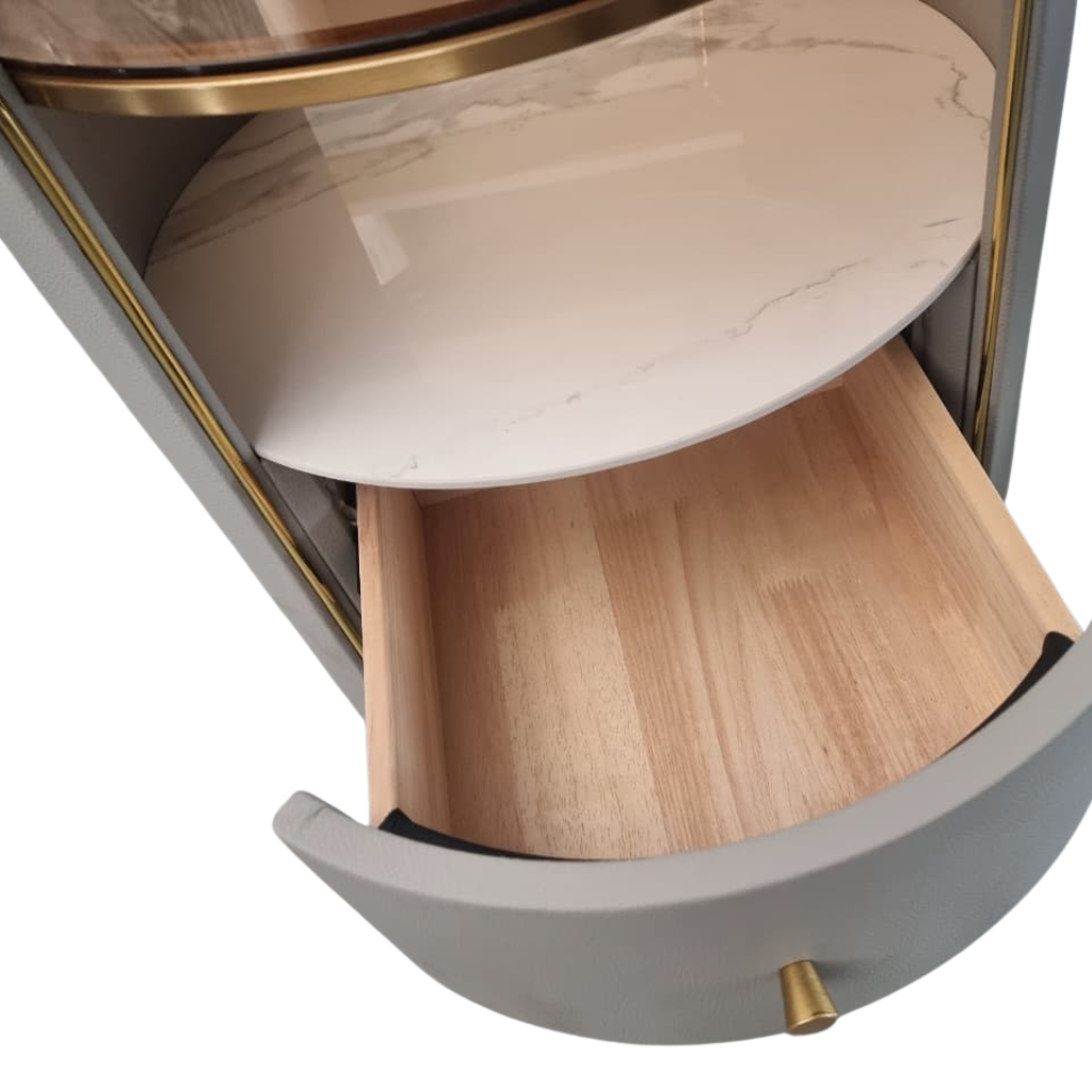 Modern Round Bedside Table in Grey Made of Leather & Sintered Stone with Glass Top & Shelf