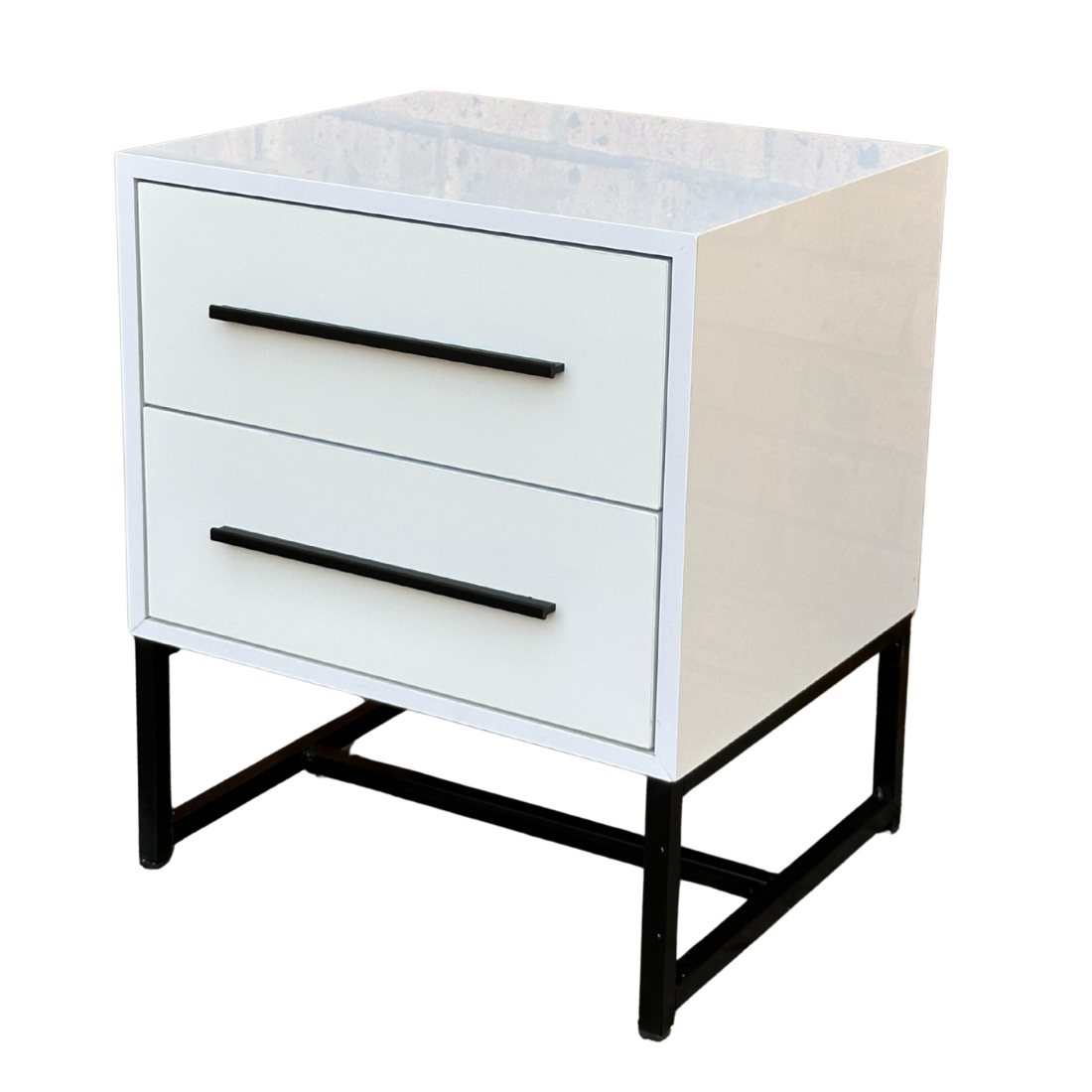 High Gloss White Nightstand with 2 Drawers – Contemporary Bedside Table with Metal Frame, Bedroom Storage Organizer Solid Wood Free Standing Pedestal