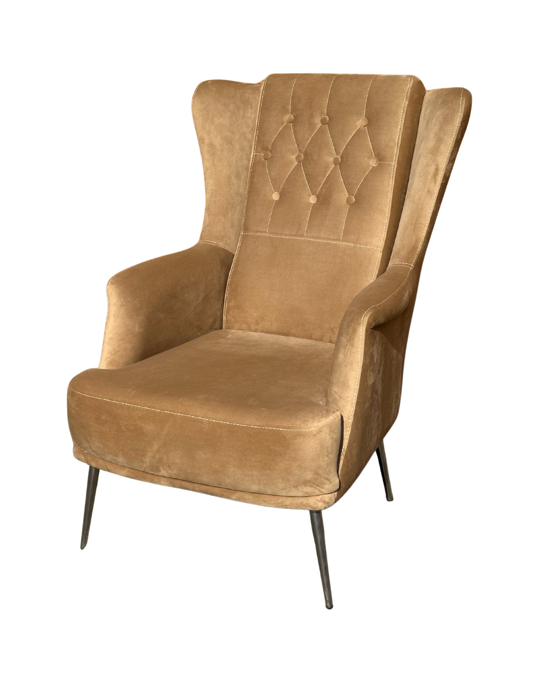 Modern Tufted Occasional Chair – Brown Fabric with Gold Legs
