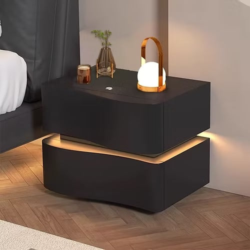 Modern Minimalist Black Storage Nightstand with LED Base Solid Wood Free Standing Pedestal