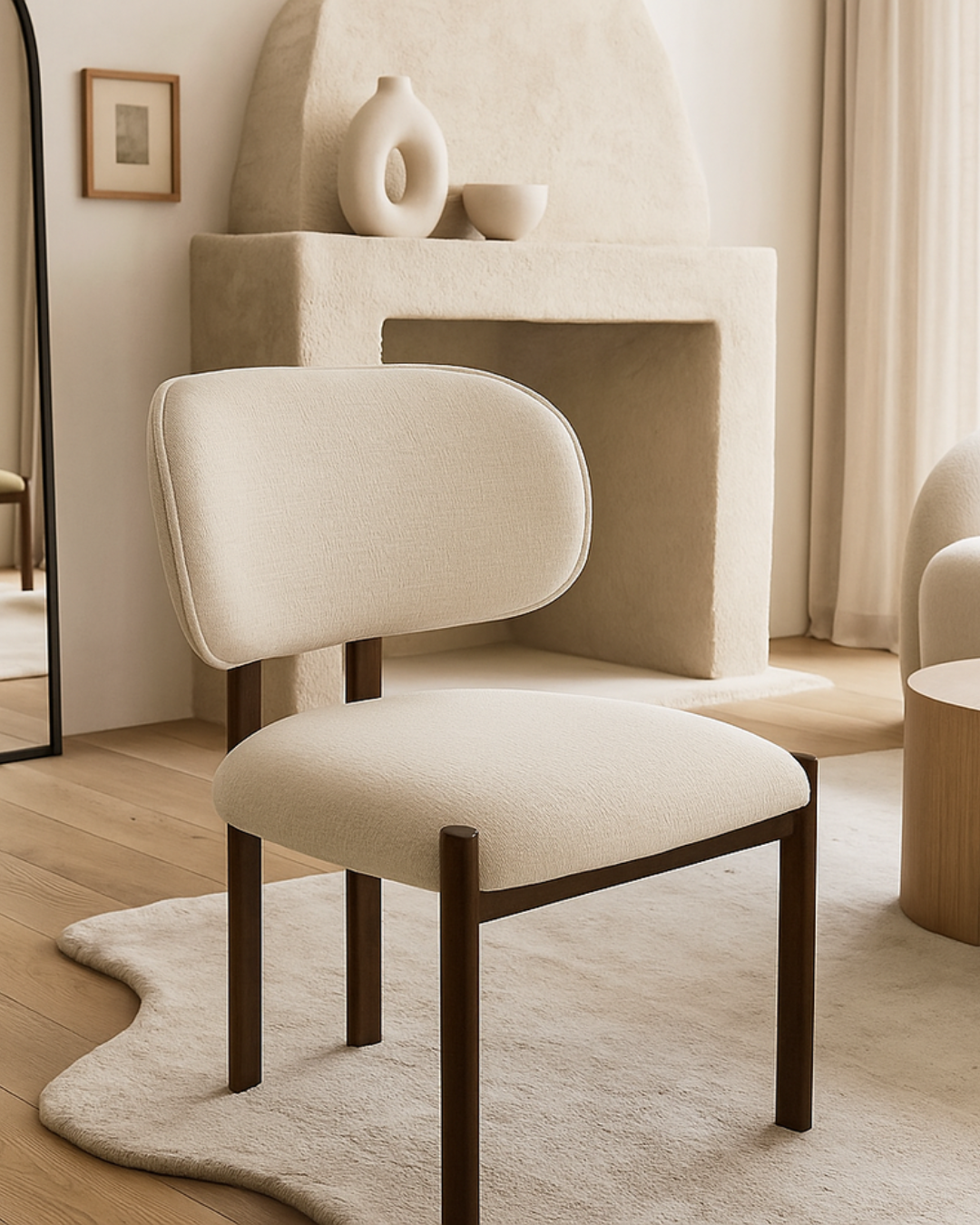 Set of 2 Modern Upholstered Dining Chairs – Cream Fabric with Wood-Look Metal Legs