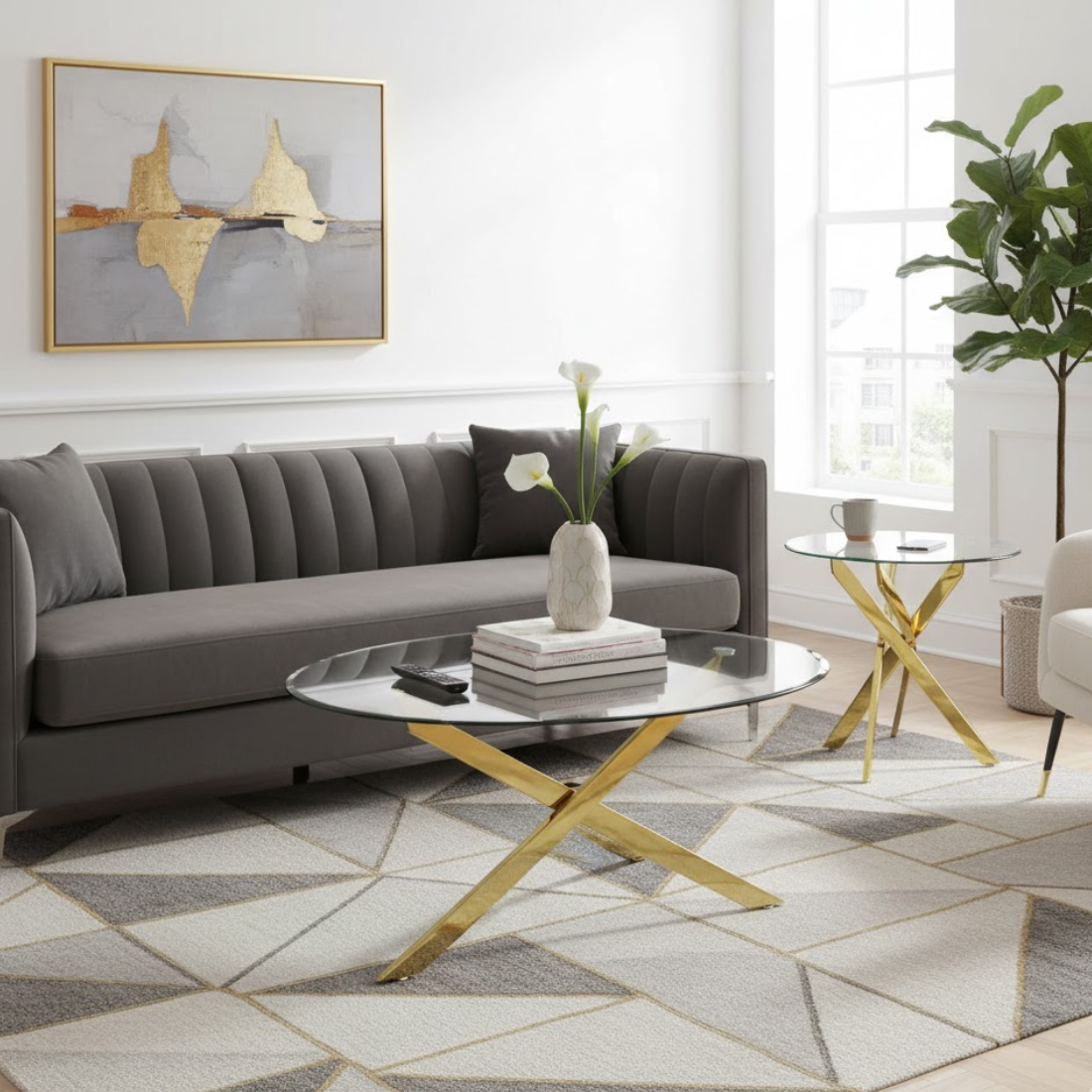 2 Piece Gold Metal And Clear Glass Round Medium Dining Table