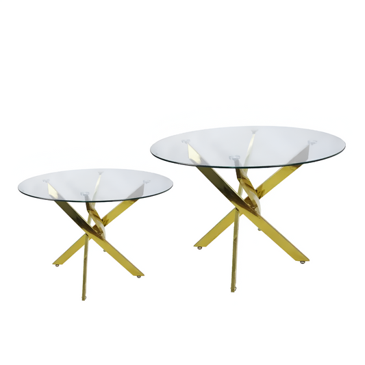 2 Piece Gold Metal And Clear Glass Round Medium Dining Table