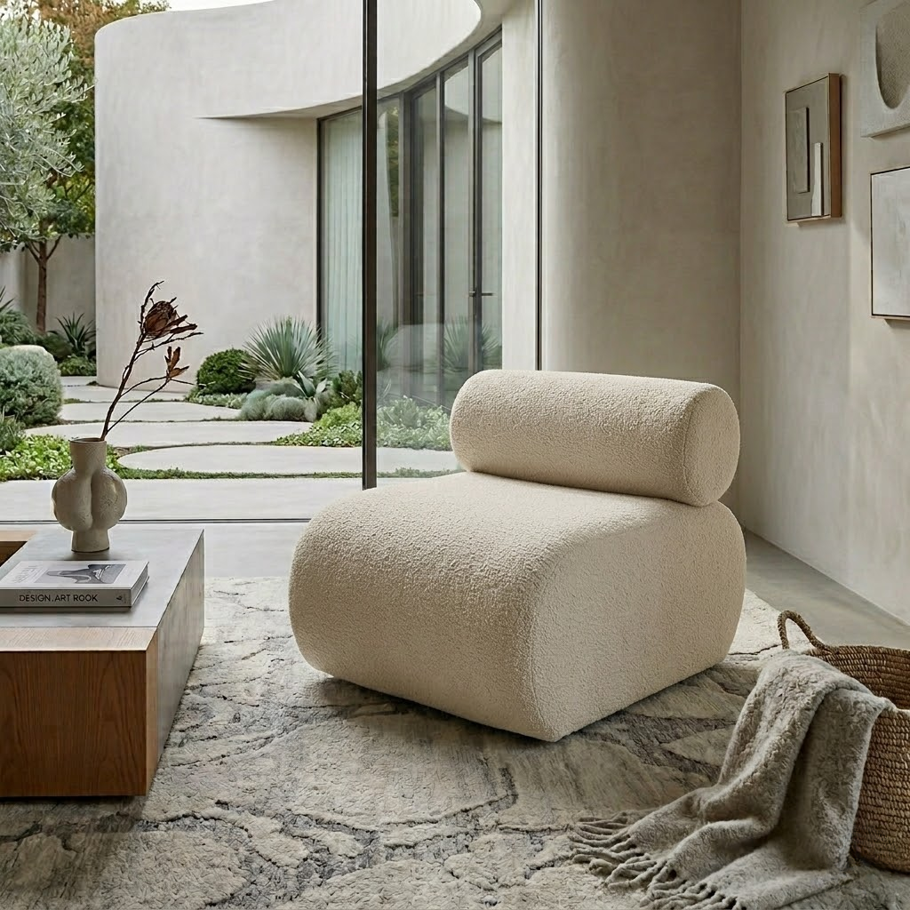 Ultra Comfortable Bouclé Lounge Chair with Spring Seat Support – Modern Beige Accent Chair