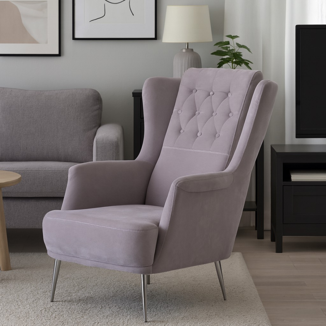 Modern Wingback Occasional chair – Light Gray, Tufted, Gold Legs