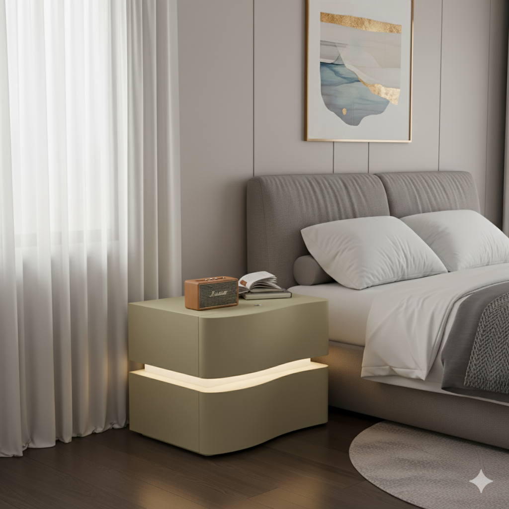 Modern Minimalist Khaki Storage Nightstand with LED Base Solid Wood Free Standing Pedestal