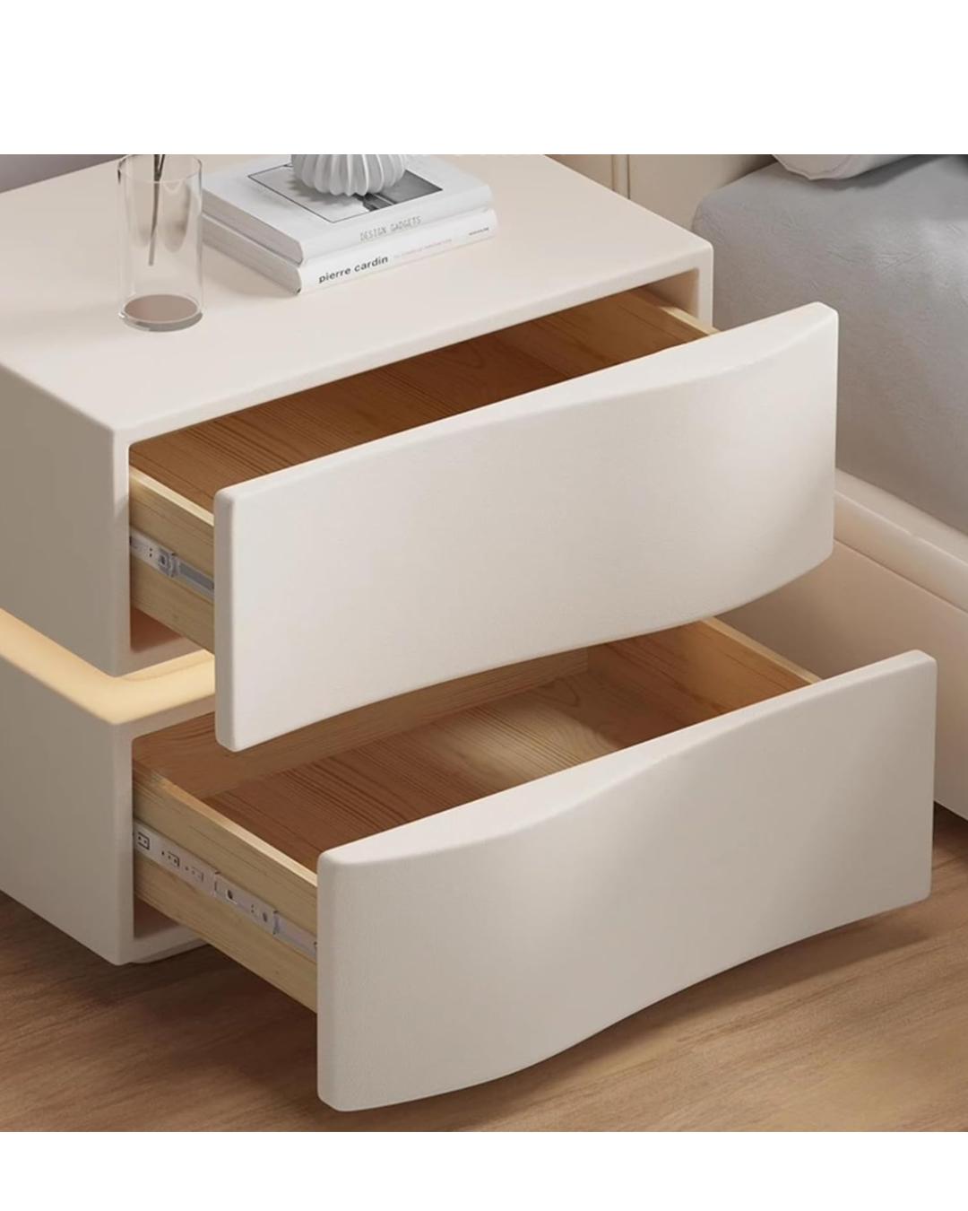 Modern Minimalist Khaki Storage Nightstand with LED Base Solid Wood Free Standing Pedestal