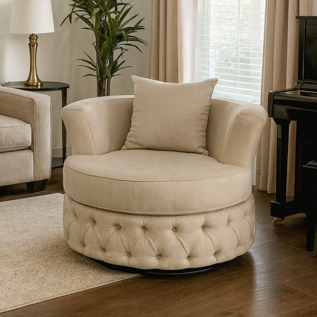 Tufted Ottoman Chair – Velvet Light Beige Solid Wood Living Room Chair