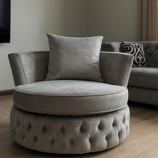 Tufted Ottoman Chair – Velvet Light Grey Solid Wood Living Room Chair