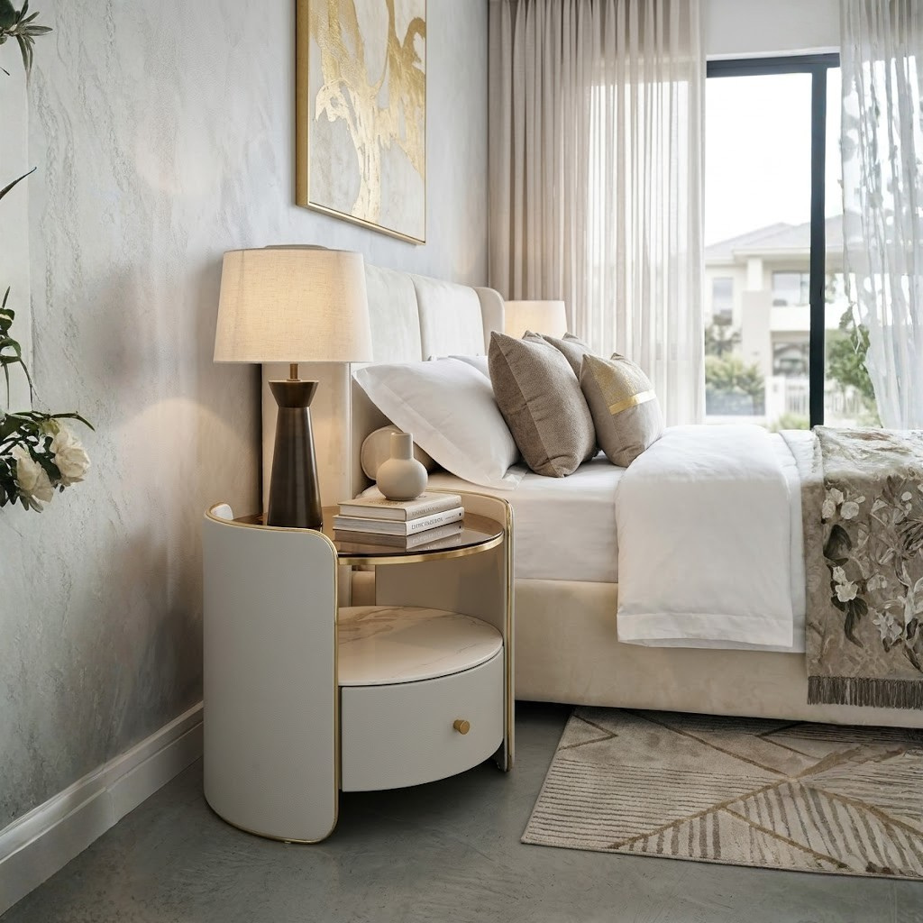 Modern Round Bedside Table in Grey Made of Leather & Sintered Stone with Glass Top & Shelf
