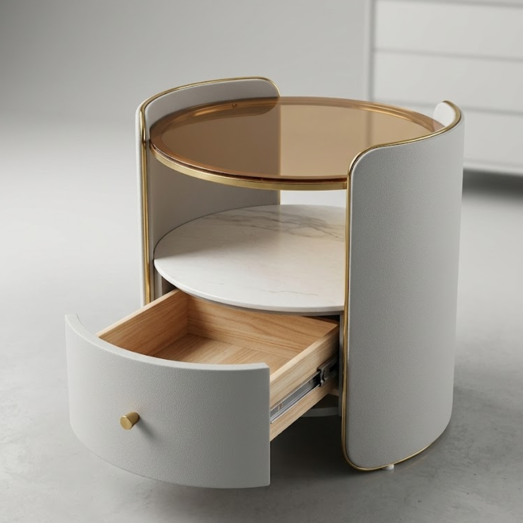 Modern Round Bedside Table in Grey Made of Leather & Sintered Stone with Glass Top & Shelf