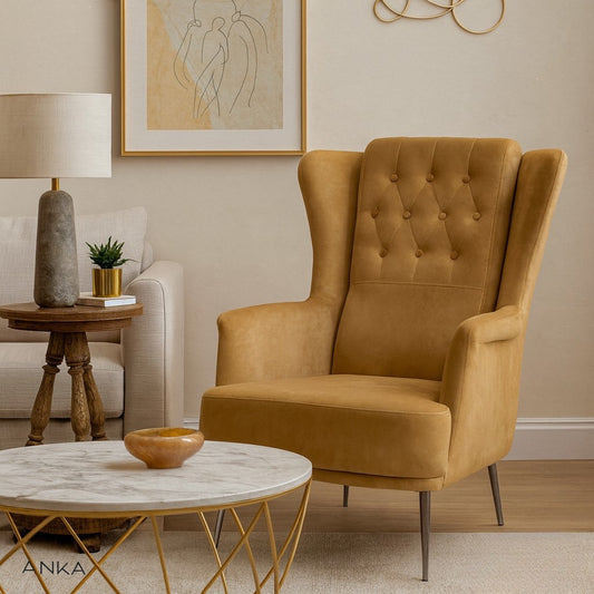 Modern Tufted Occasional Chair – Brown Fabric with Gold Legs