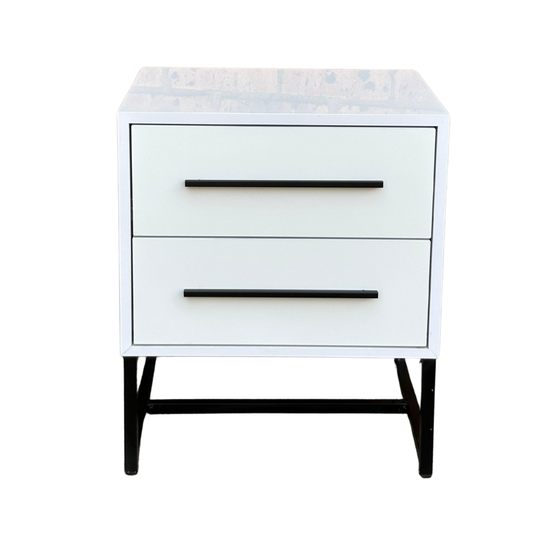 High Gloss White Nightstand with 2 Drawers – Contemporary Bedside Table with Metal Frame, Bedroom Storage Organizer Solid Wood Free Standing Pedestal