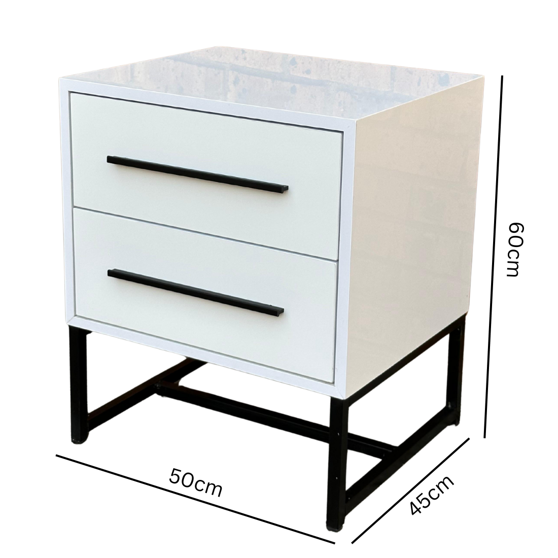 High Gloss White Nightstand with 2 Drawers – Contemporary Bedside Table with Metal Frame, Bedroom Storage Organizer Solid Wood Free Standing Pedestal