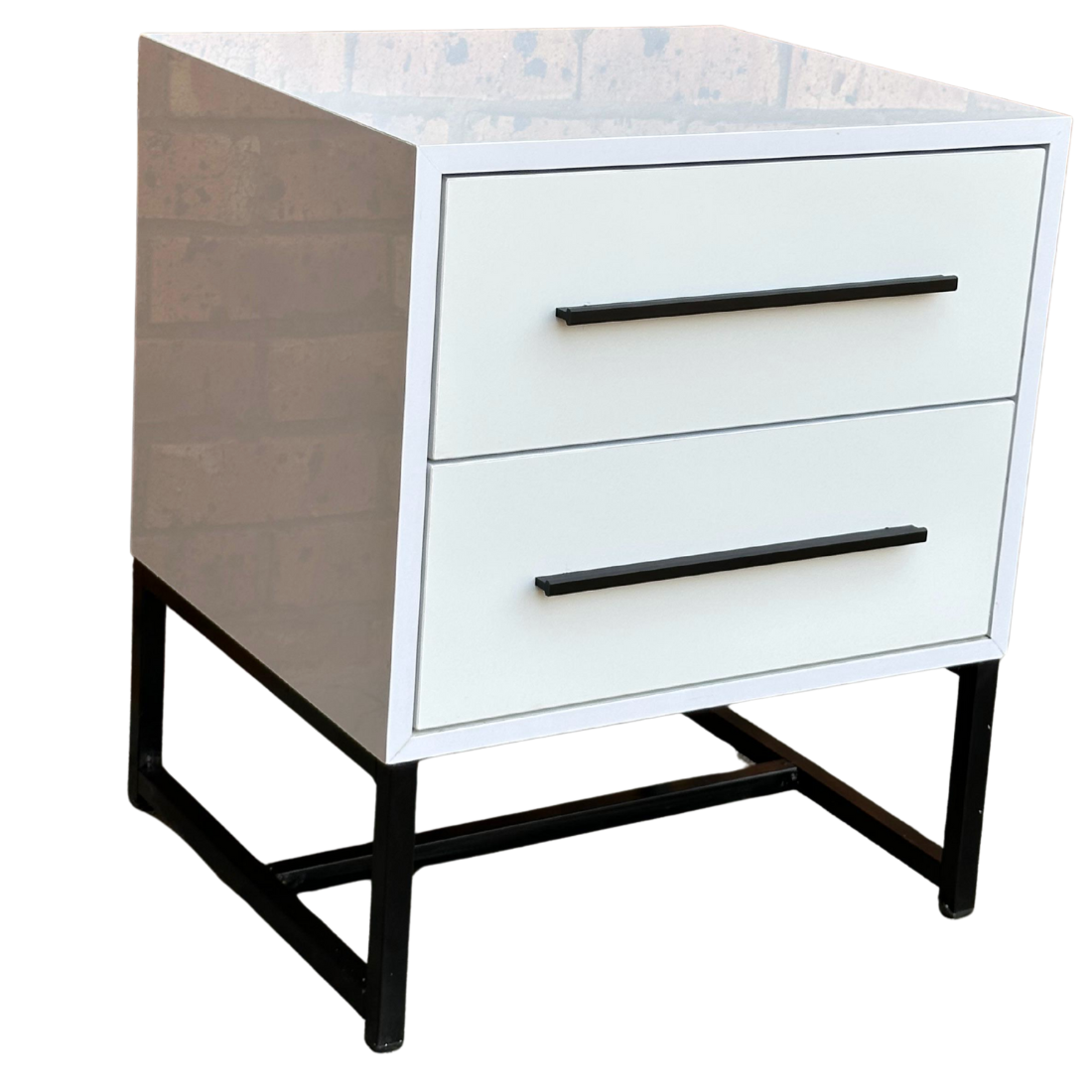 High Gloss White Nightstand with 2 Drawers – Contemporary Bedside Table with Metal Frame, Bedroom Storage Organizer Solid Wood Free Standing Pedestal