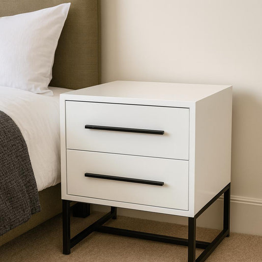 High Gloss White Nightstand with 2 Drawers – Contemporary Bedside Table with Metal Frame, Bedroom Storage Organizer Solid Wood Free Standing Pedestal