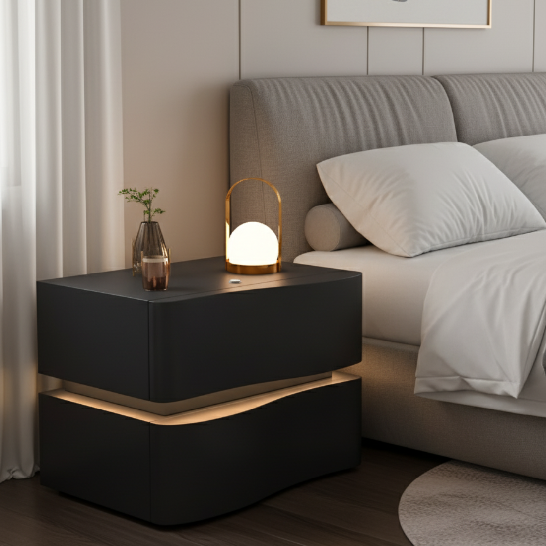 Modern Minimalist Black Storage Nightstand with LED Base Solid Wood Free Standing Pedestal