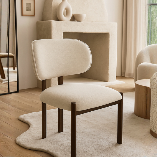 Modern Upholstered Dining Chair – Cream Fabric with Wood-Look Metal Legs