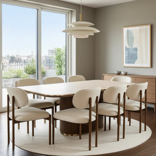 Siena Modern Dining Set – Oval Table with Cream Upholstered Chairs (8-Piece Set)