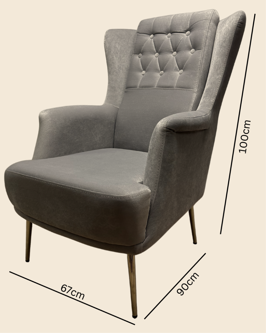 Modern Wingback Occasional chair – Light Gray, Tufted, Gold Legs