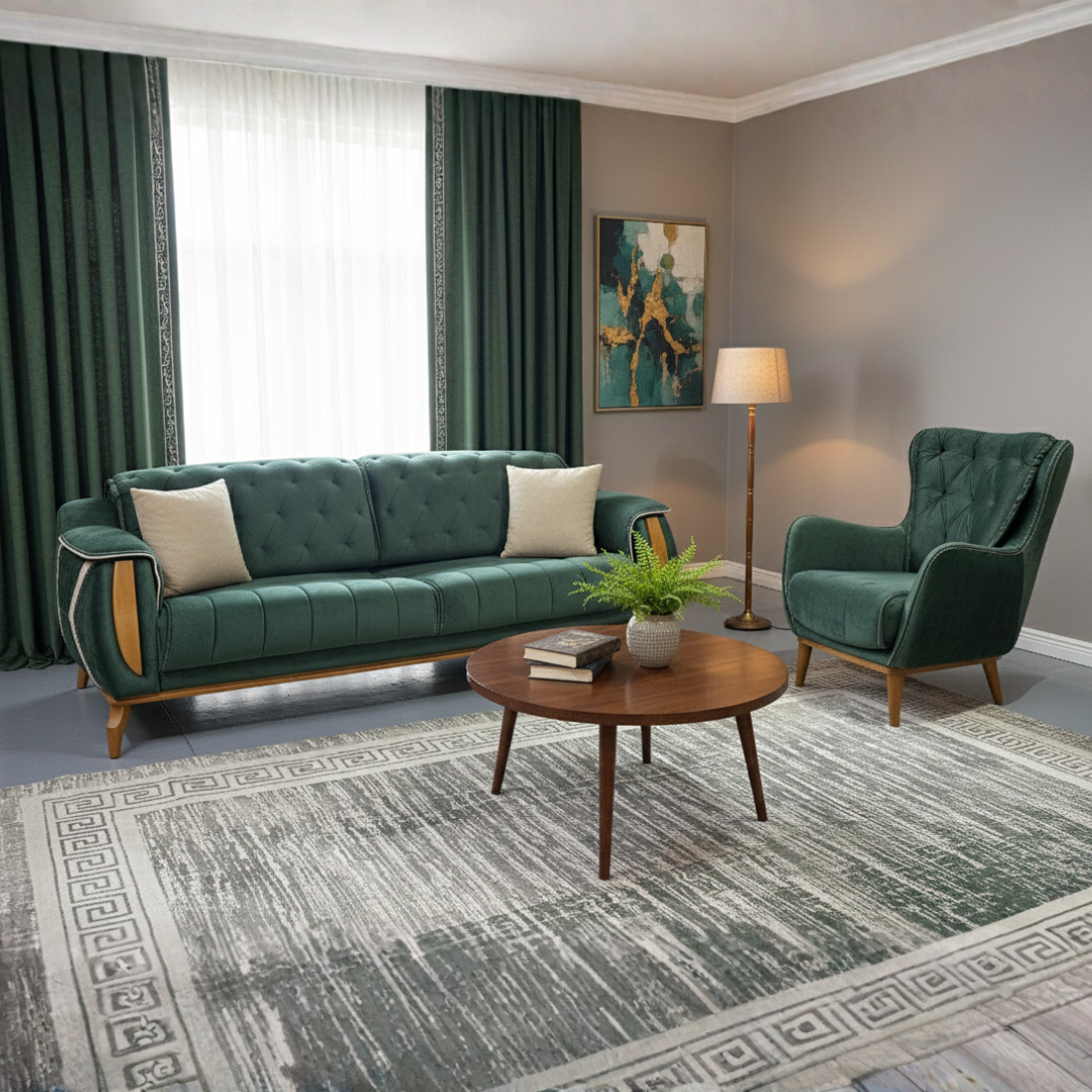 Melis 3+1 Green 3-Seater Sofa + Armchair Living Room Set with Wooden Legs