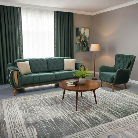 Melis 3+1 Green 3-Seater Sofa + Armchair Living Room Set with Wooden Legs